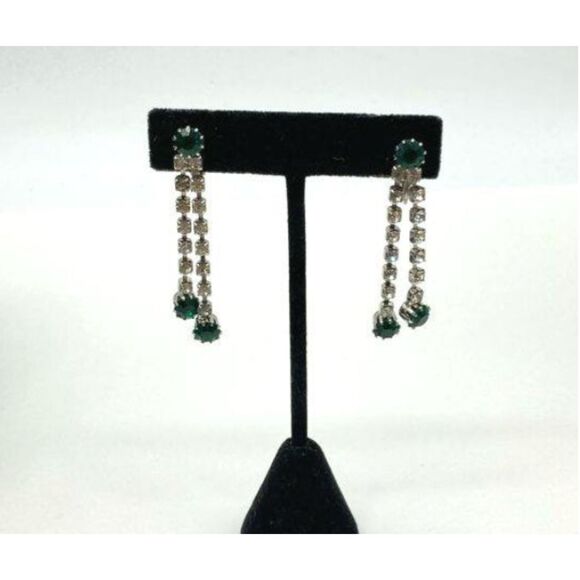 Vintage Demi Parure White & Green Rhinestone Choker Necklace & Clip Earrings Set - Picture 3 of 6